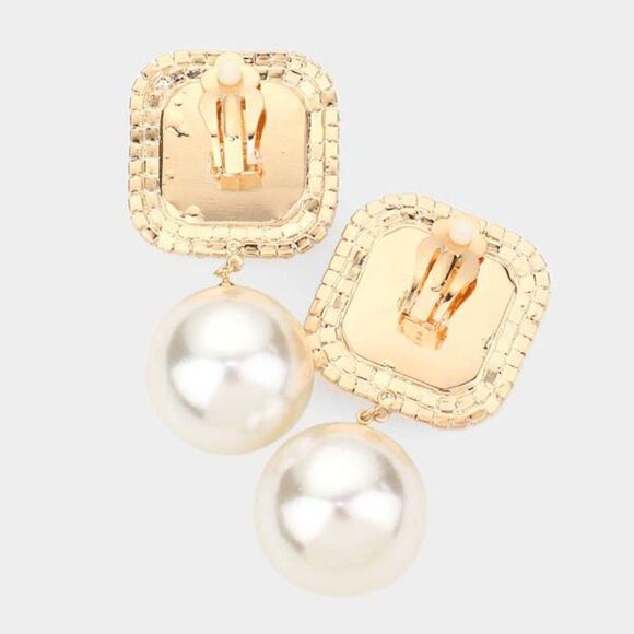 Square Aurora Borealis Stone Pearl Gold Clip on Earrings Big & BOLD - Picture 2 of 6